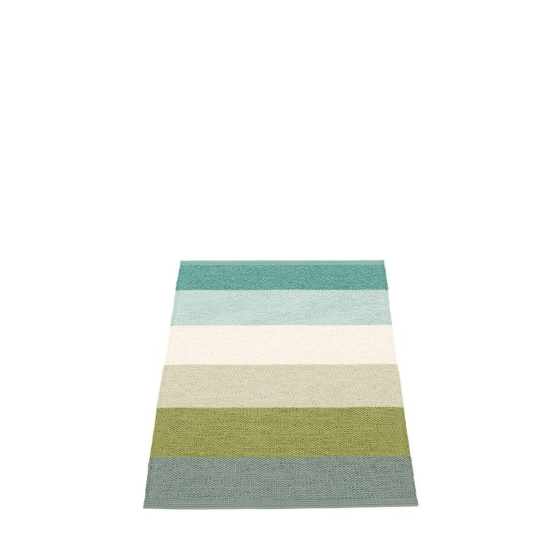 Pappelina Molly Teppich 70x100 cm mit bunten Streifen in Grün- und Blautönen.